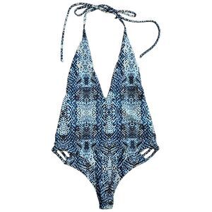 Indigo Swimwear Snakeskin Print Blue/Black One Piece Swimsuit w/ Halter Neck NWT